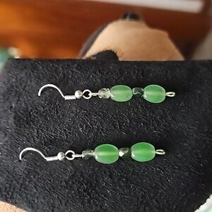 Handcrafted Opaque Green Beaded Dangle Earrings-French Wire-NEW